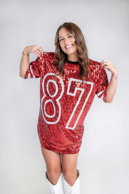 #87 Red Sequin Jersey TShirt Dress (Red/Black)