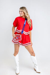 Big Red Sequin Stripe Crop Top / Short Set