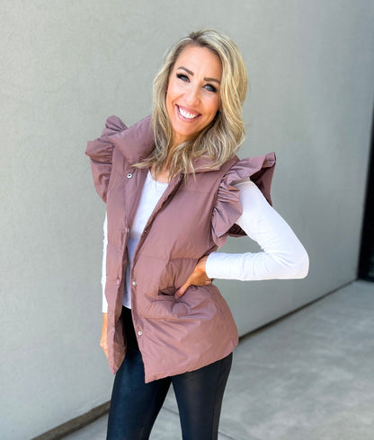 Remi Ruffle Sleeve Oversized Down Vest (Dark Mauve)