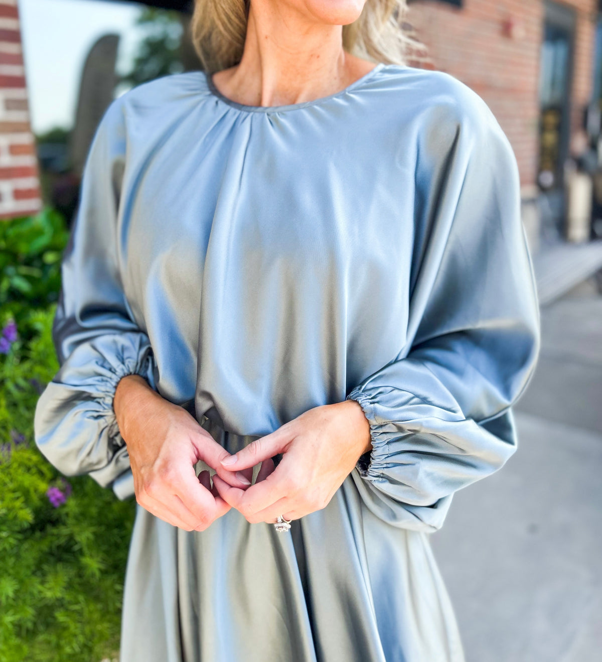 Blue For You Balloon Sleeve Satin Dress