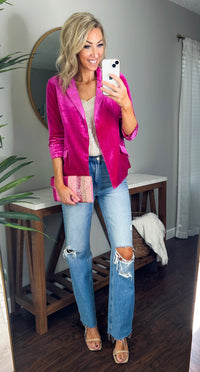 She Knows It Velvet Rouched Sleeve Blazer (Magenta)