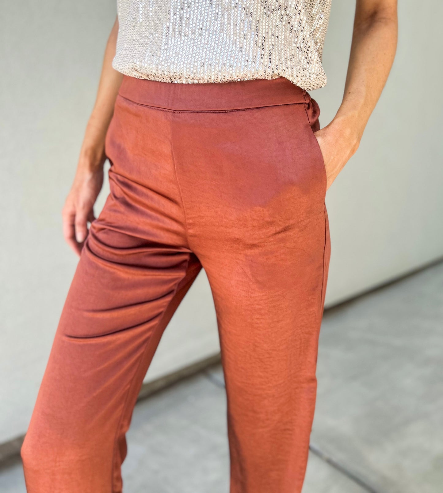 My Moment Satin Elastic Waist Pants (Rust)