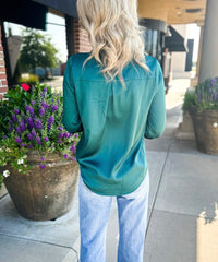 Selena Satin Button Down Top (Hunter Green)