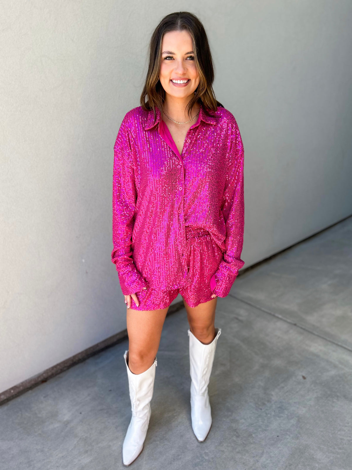 Jacie Sequin Button Down Oversized Shirt & Shorts Set