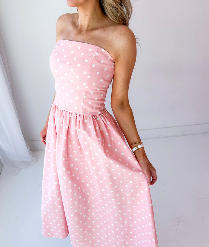 Sally Ann Strapless Stretch Denim Polka Dot Dress (Baby Pink)