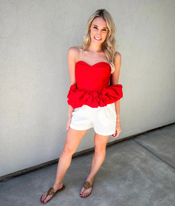 About Last Night Strapless Sweetheart Ruffle Hem Cropped Top