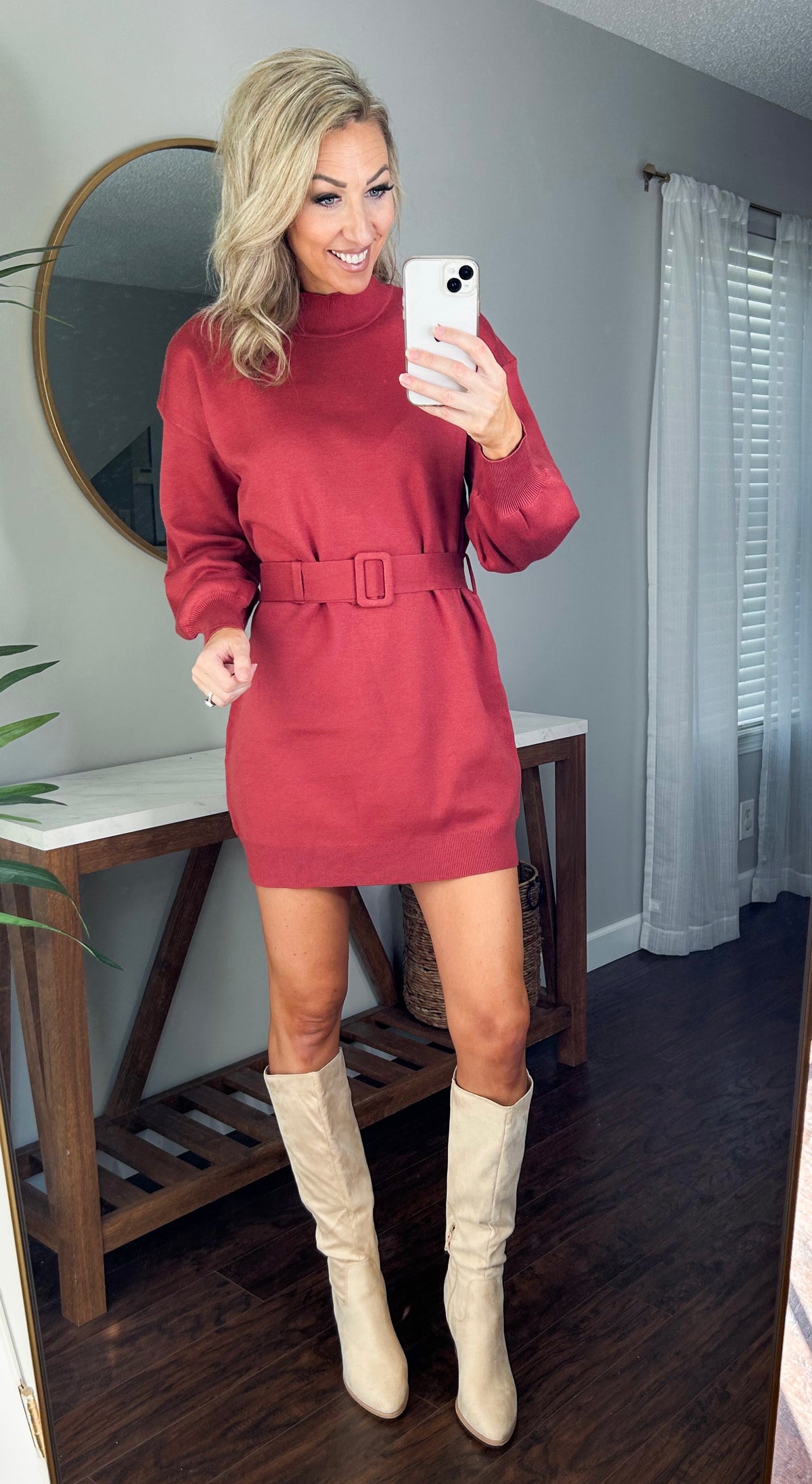 Lydia Leopard Belted Sweater Dress (Rust)