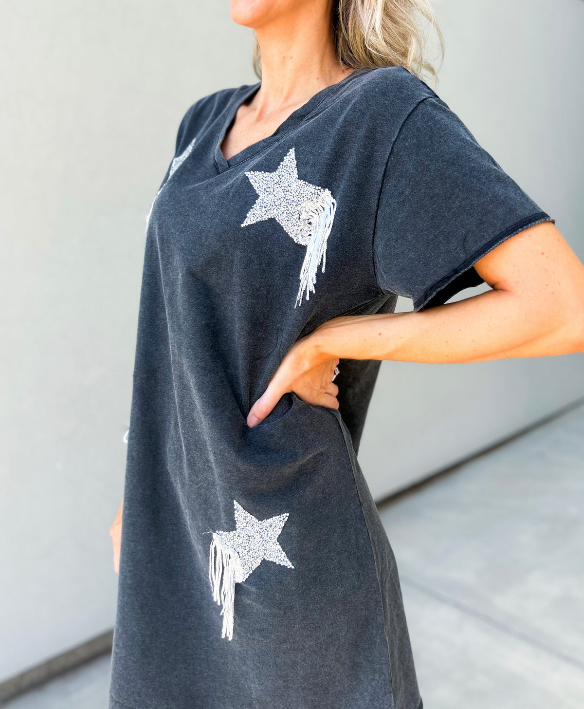 Falling Star Rhinestone Fringe Oversized T-Shirt Dress