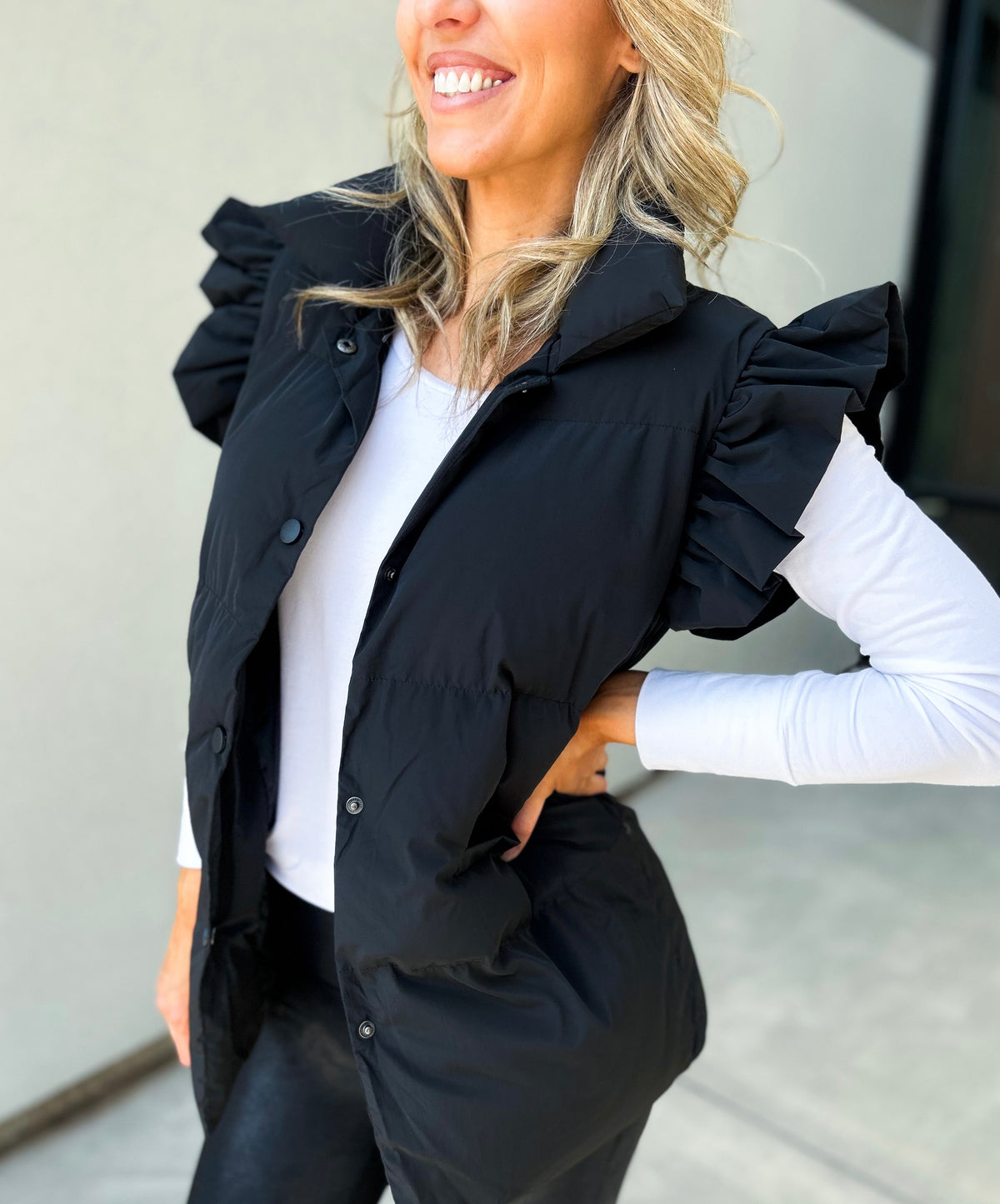 Remi Ruffle Sleeve Oversized Down Vest (Black)