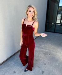 Eva "V" Neckline Velvet Wide Leg Jumpsuit