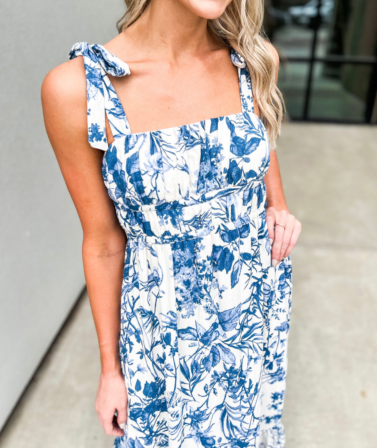 Porcelain Tie Shoulder Floral Midi Sun Dress