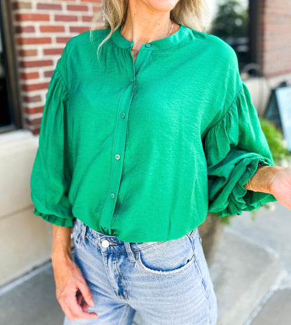 Mandy Bubble Sleeve Button Down Oversized Top (Kelly Green)