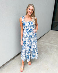 Porcelain Tie Shoulder Floral Midi Sun Dress