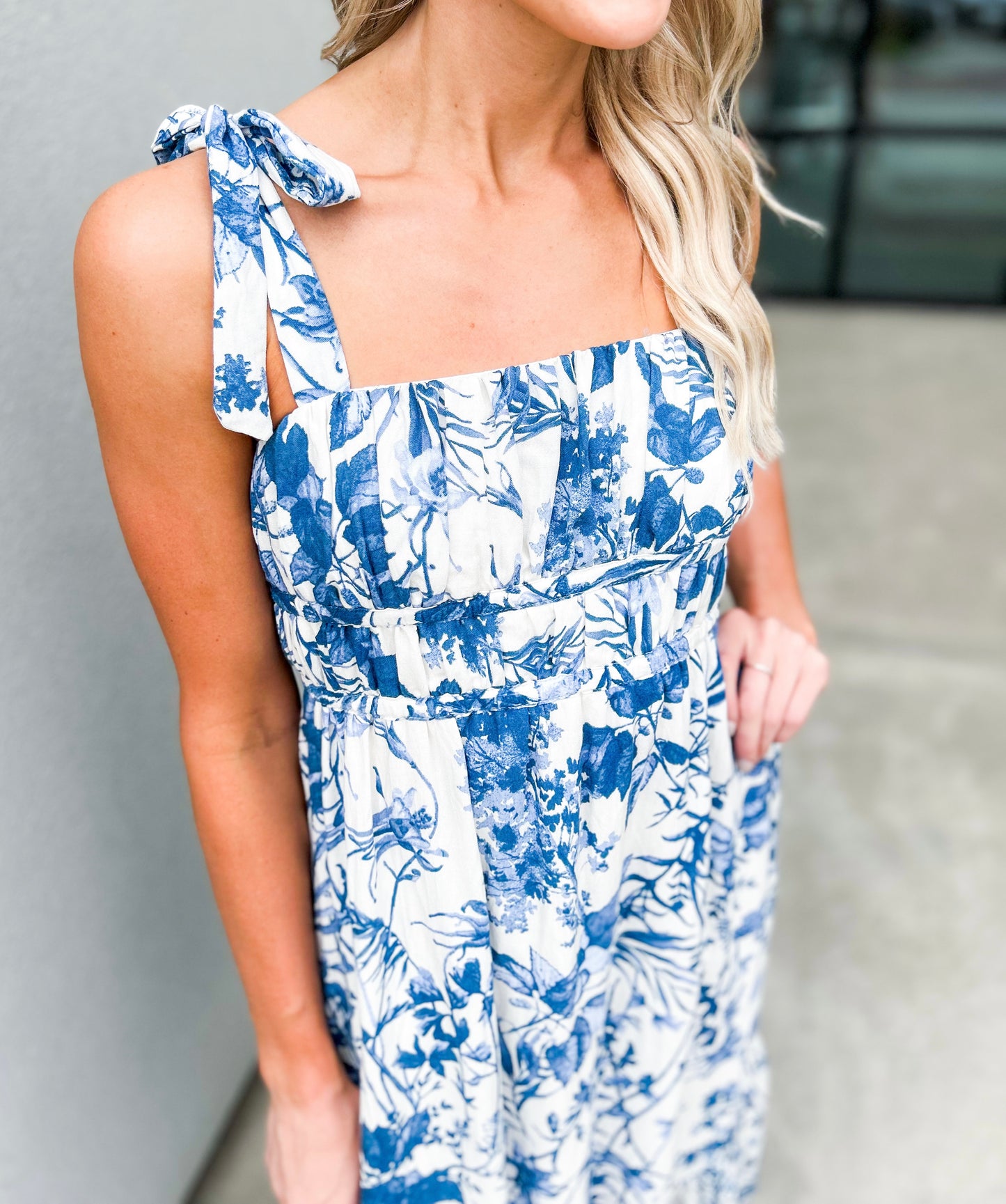 Porcelain Tie Shoulder Floral Midi Sun Dress