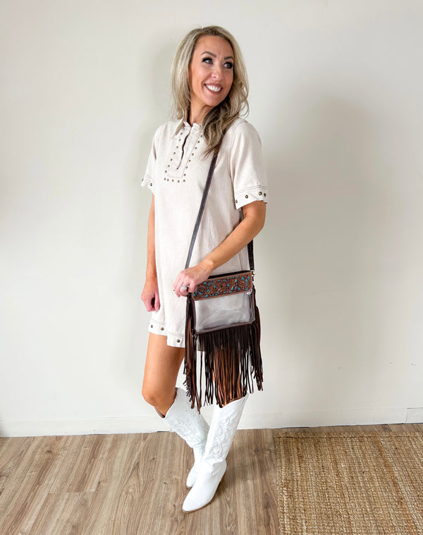 Fringe Hand Tooled Clear Crossbody Concert Purse