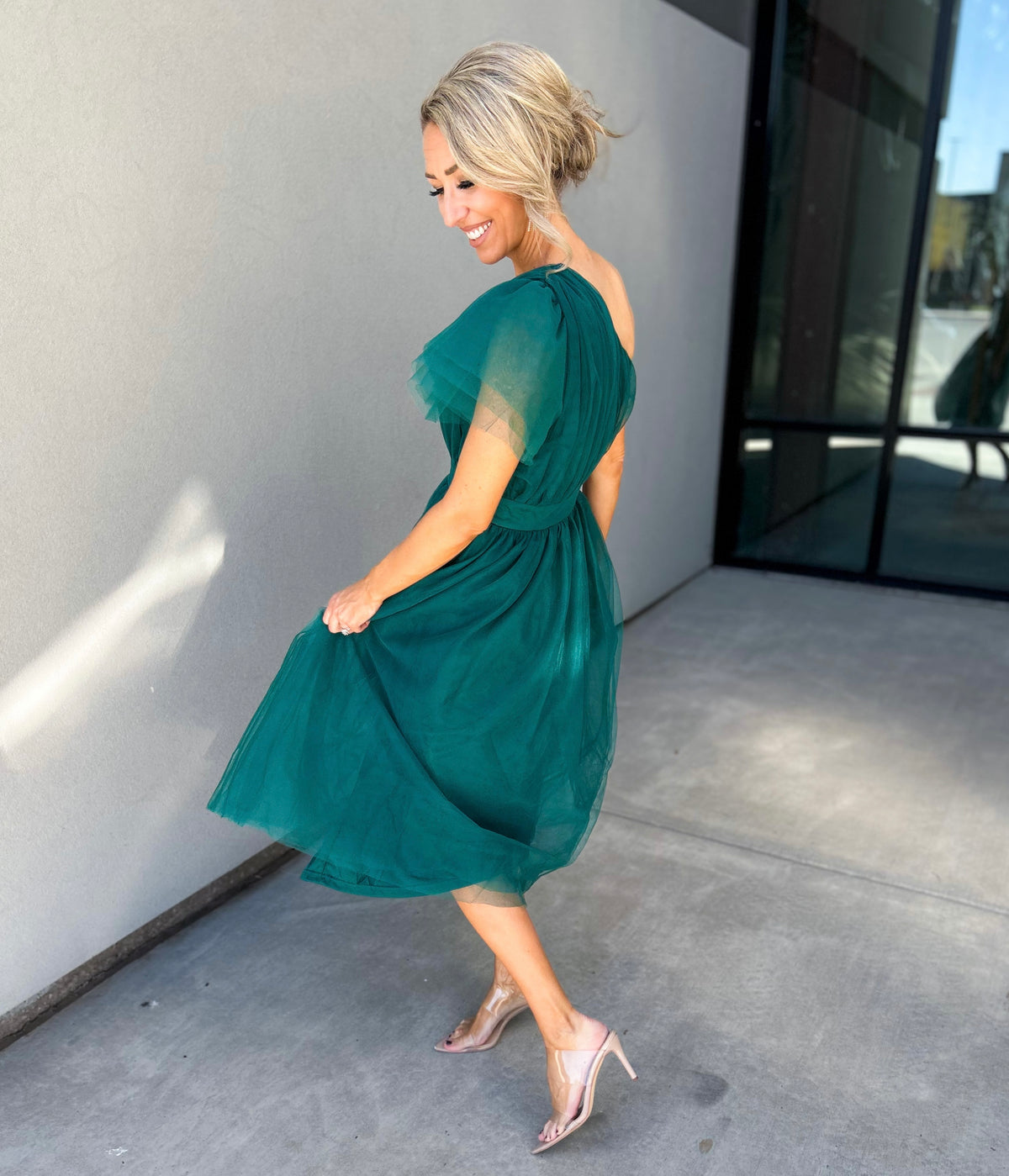 Jaylynn One Shoulder Tulle Midi Dress