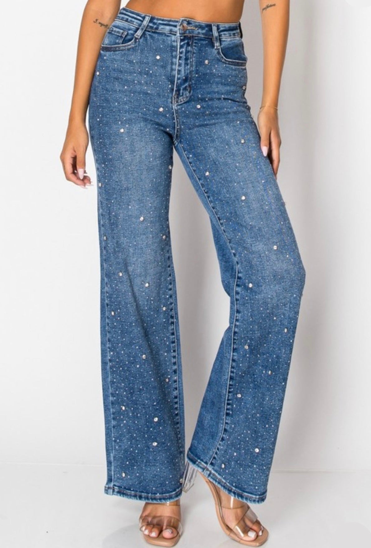 Dazzly Rhinestone Embellished Stretch Denim Jeans