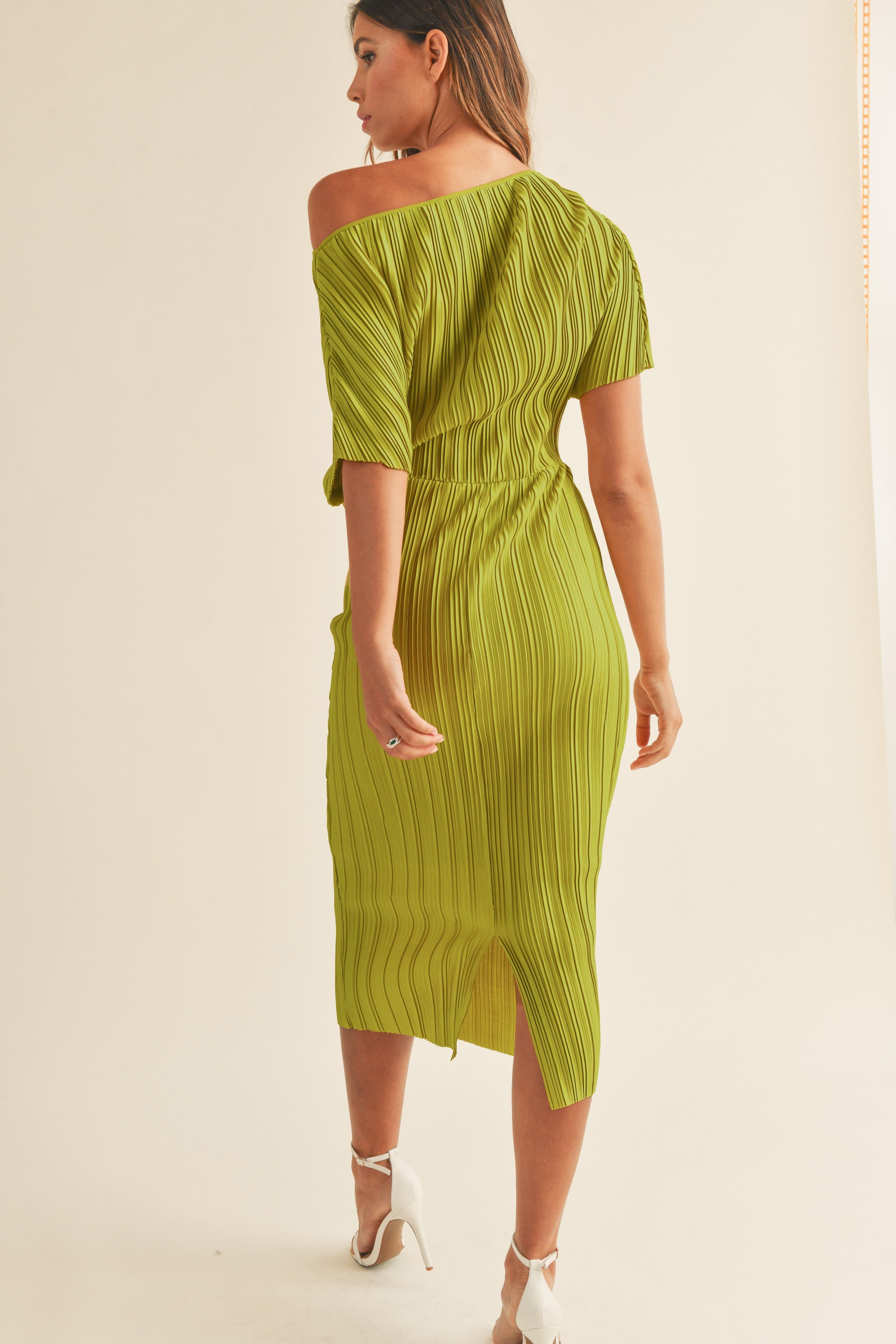 Sarina One Shoulder Pleated Side Ruched Midi Dress – Nova