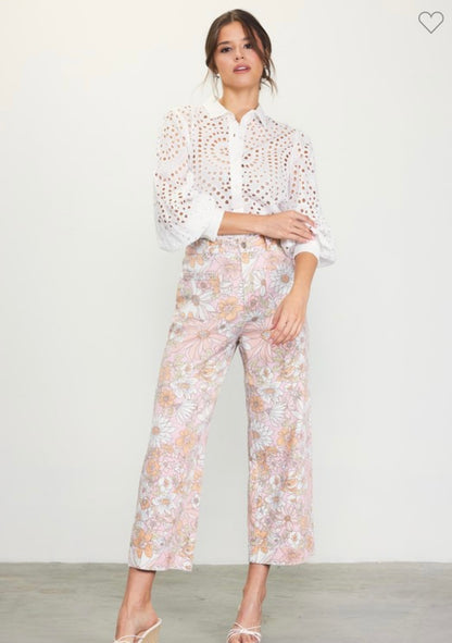 Helene Stretch Woven Twill Floral Wide Leg Pants (Apricot)