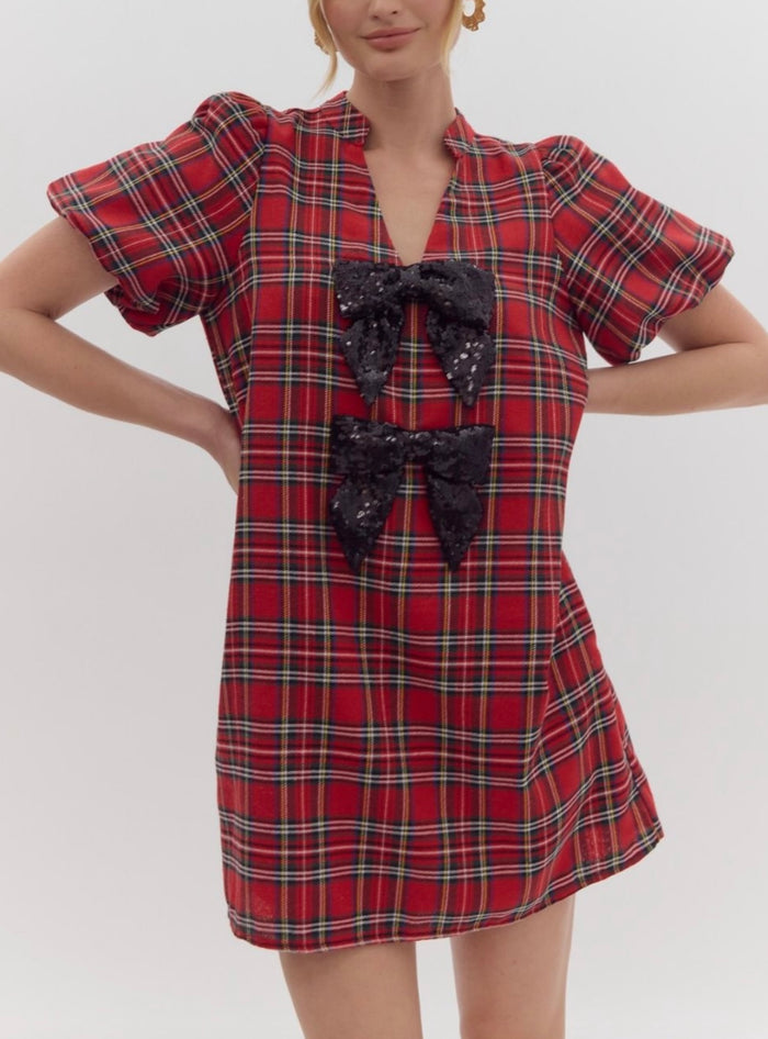 Bowtastic Plaid Mini Dress