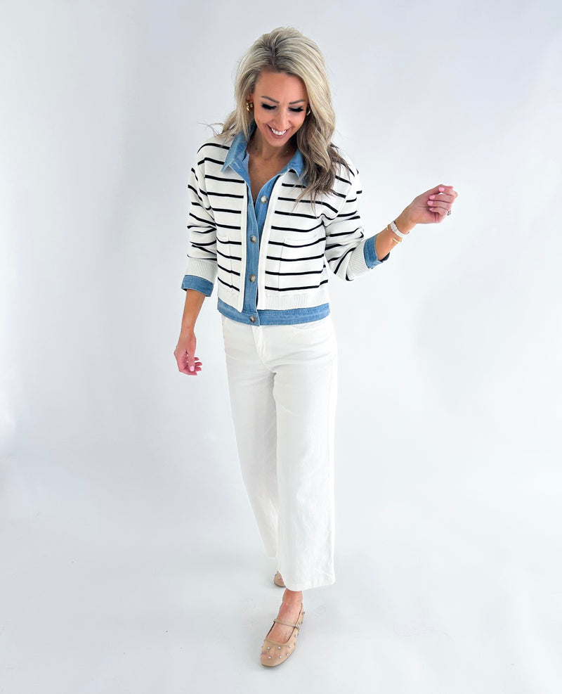 Lowen Stripe and Denim Mix Button Down Cardigan