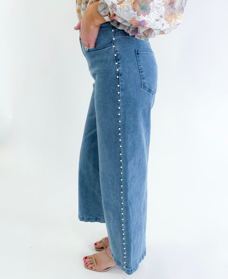 Pearl Embellished Cropped Wide Leg Stretch Denim Jeans