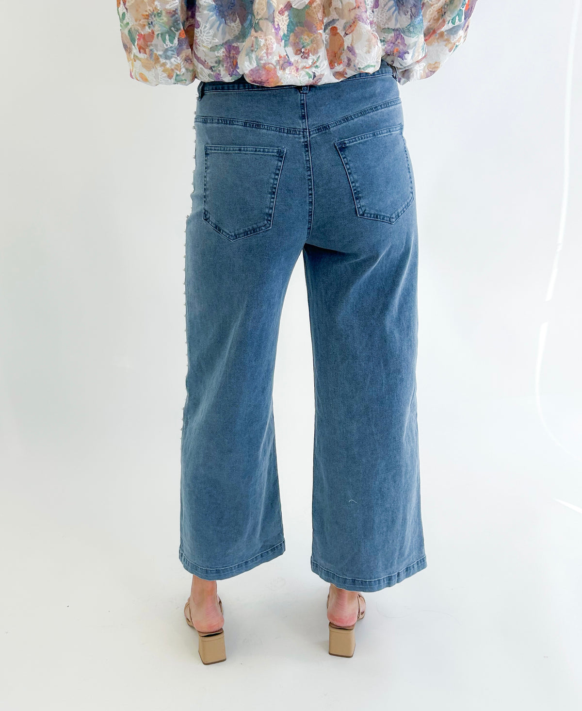 Pearl Embellished Cropped Wide Leg Stretch Denim Jeans