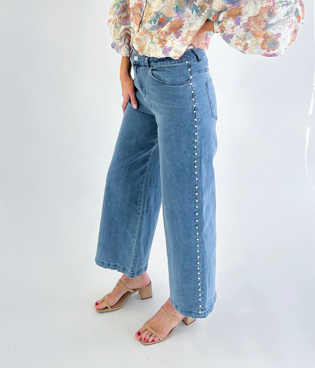 Pearl Embellished Cropped Wide Leg Stretch Denim Jeans