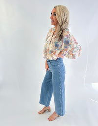 Pearl Embellished Cropped Wide Leg Stretch Denim Jeans