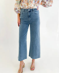 Pearl Embellished Cropped Wide Leg Stretch Denim Jeans