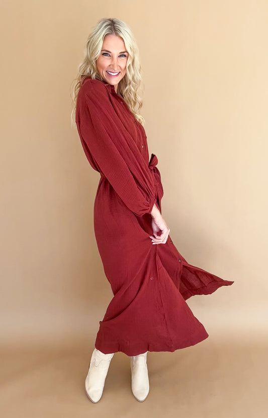 Bailey Bubble Sleeve Belted Maxi Shirt Dress