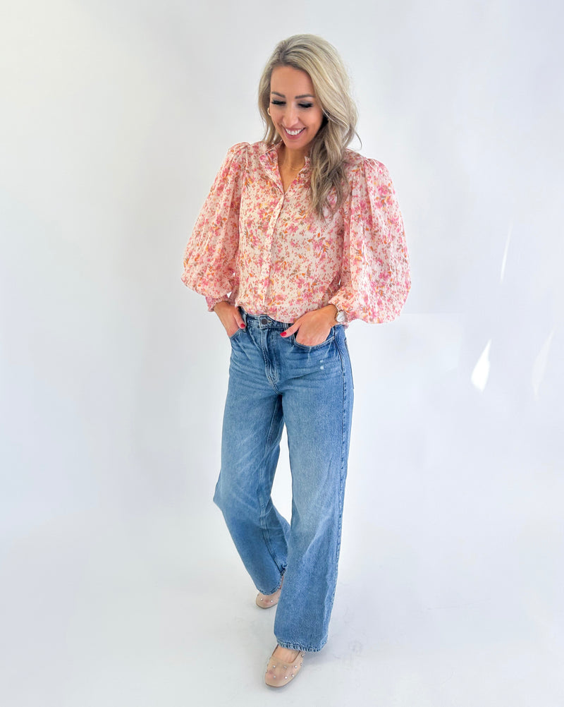 Tena Floral Button Up Top (Cream/Pink)