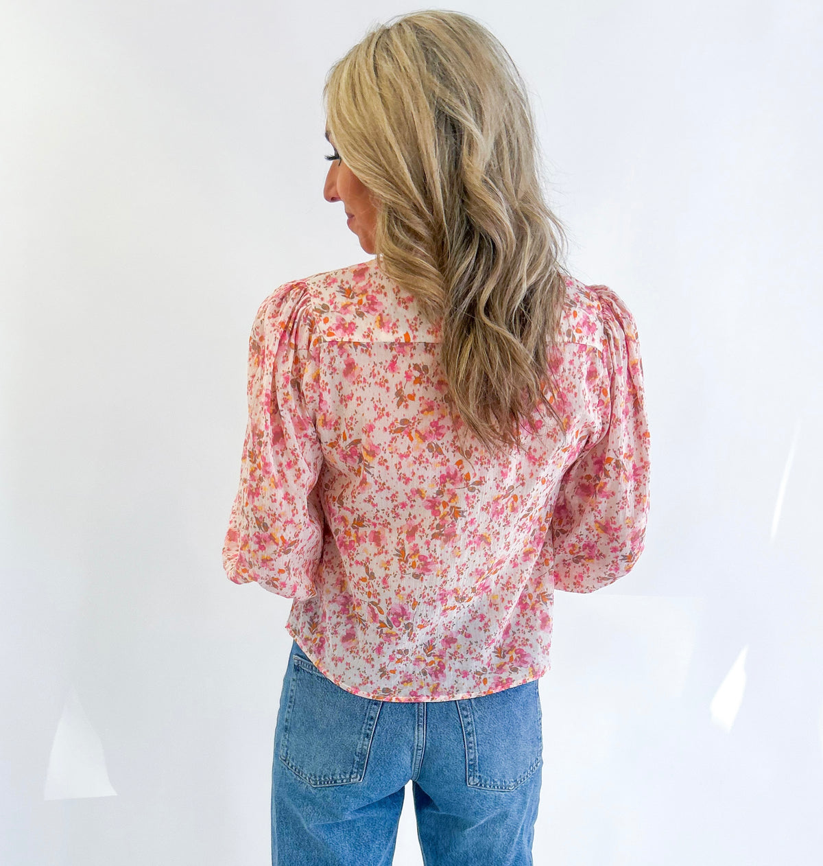 Tena Floral Button Up Top (Cream/Pink)