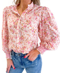 Tena Floral Button Up Top (Cream/Pink)