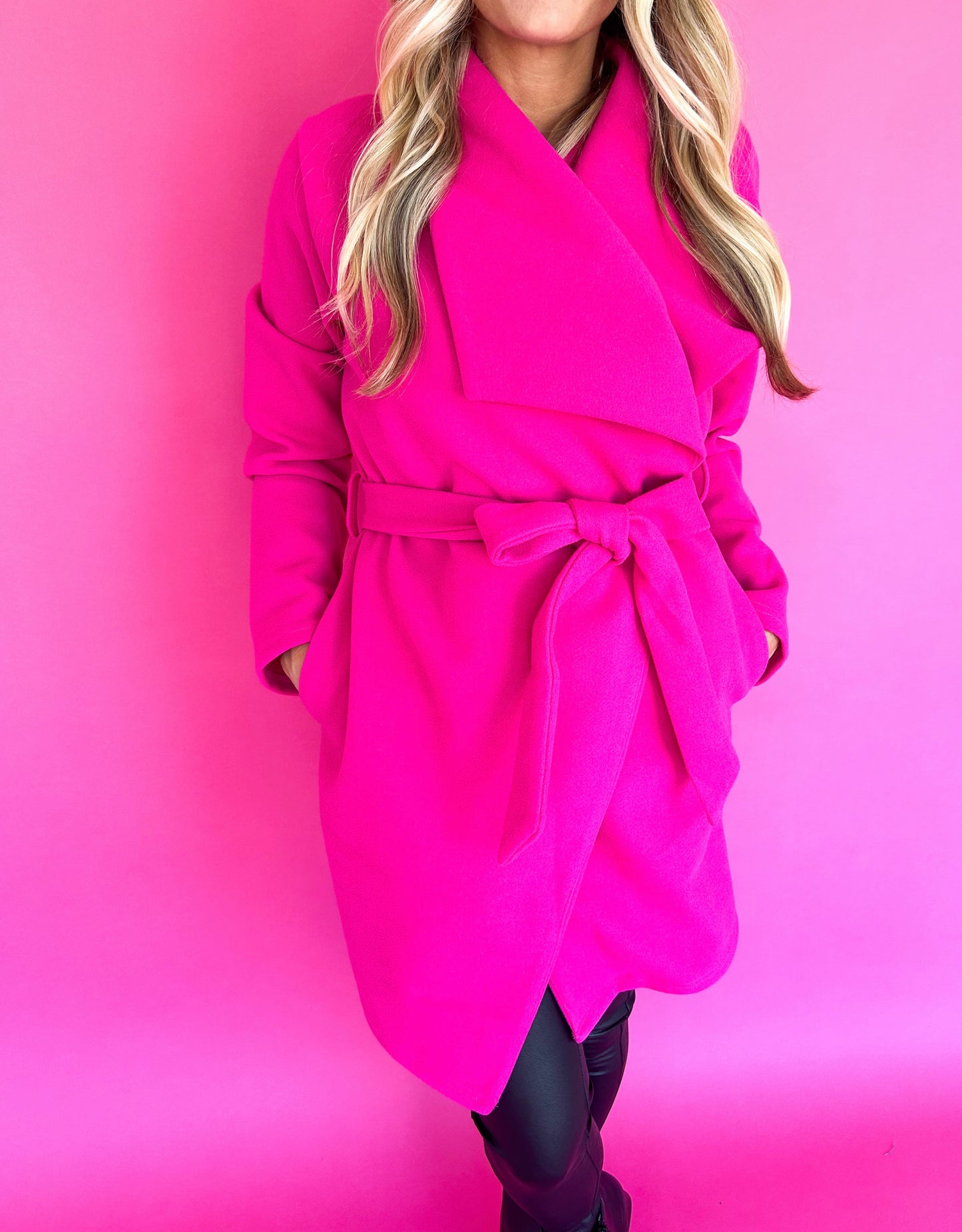 Vivi Open front Waist Tie Wrap Coat (Hot Pink)