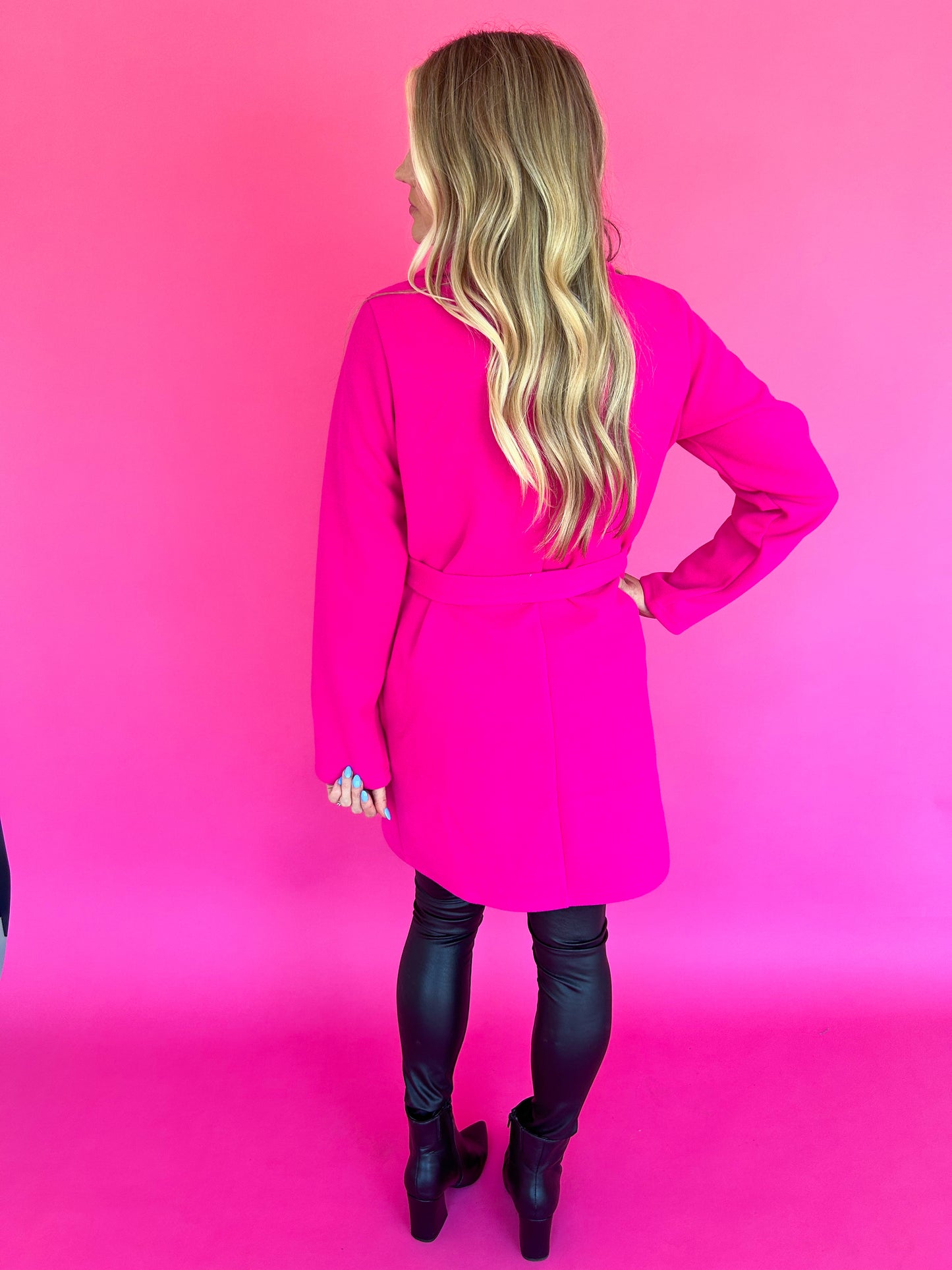 Vivi Open front Waist Tie Wrap Coat (Hot Pink)