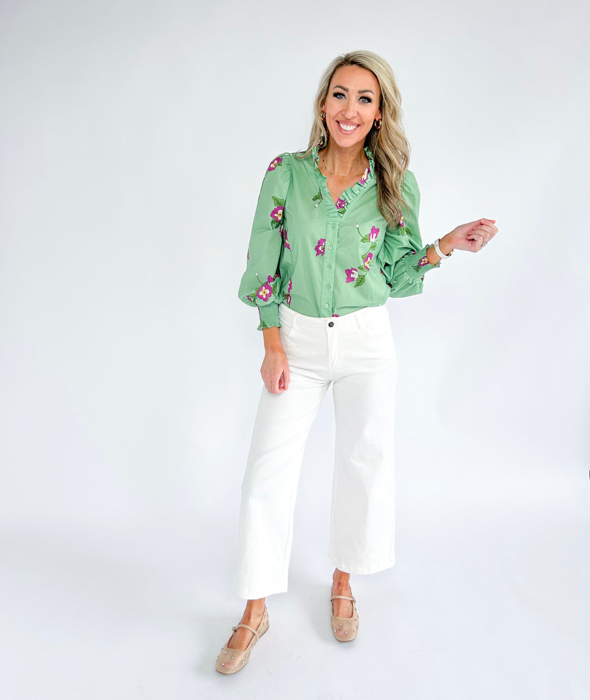 Green Apple Floral Button Down Top