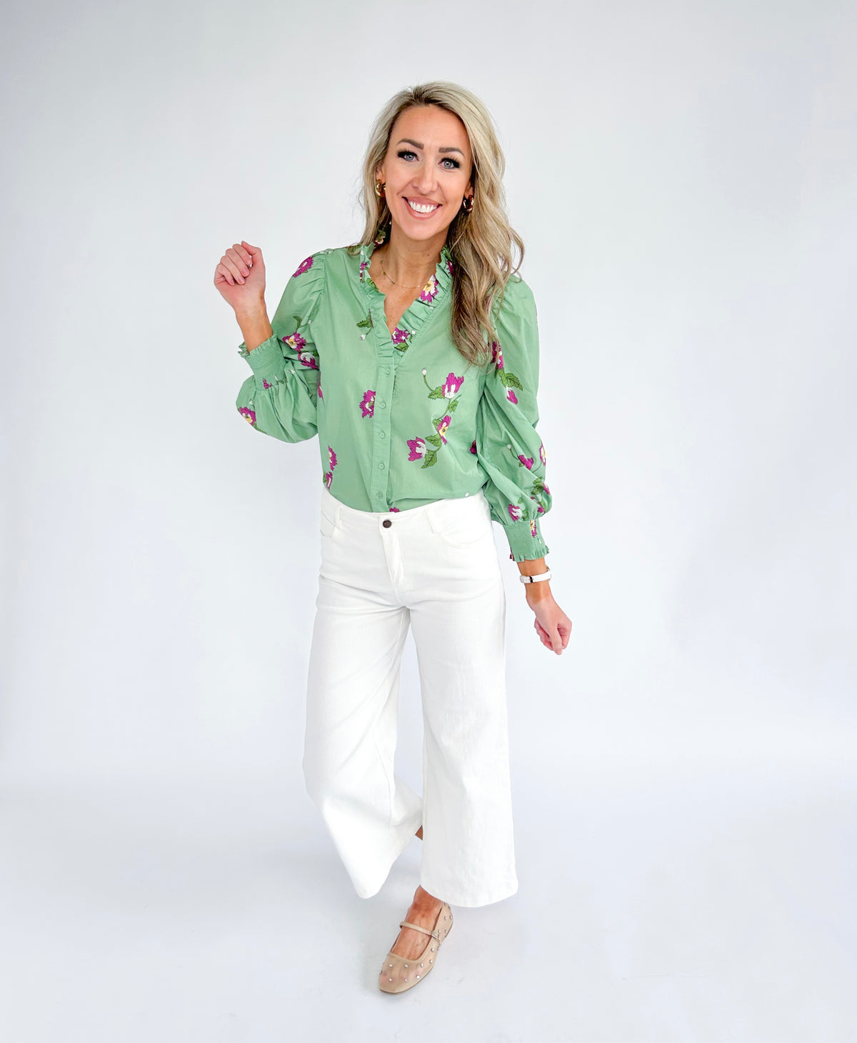 Green Apple Floral Button Down Top