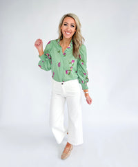 Green Apple Floral Button Down Top