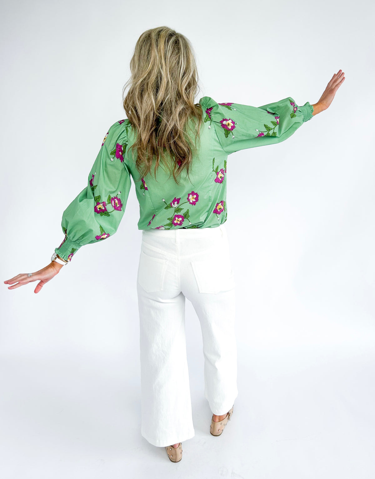 Green Apple Floral Button Down Top