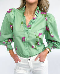 Green Apple Floral Button Down Top