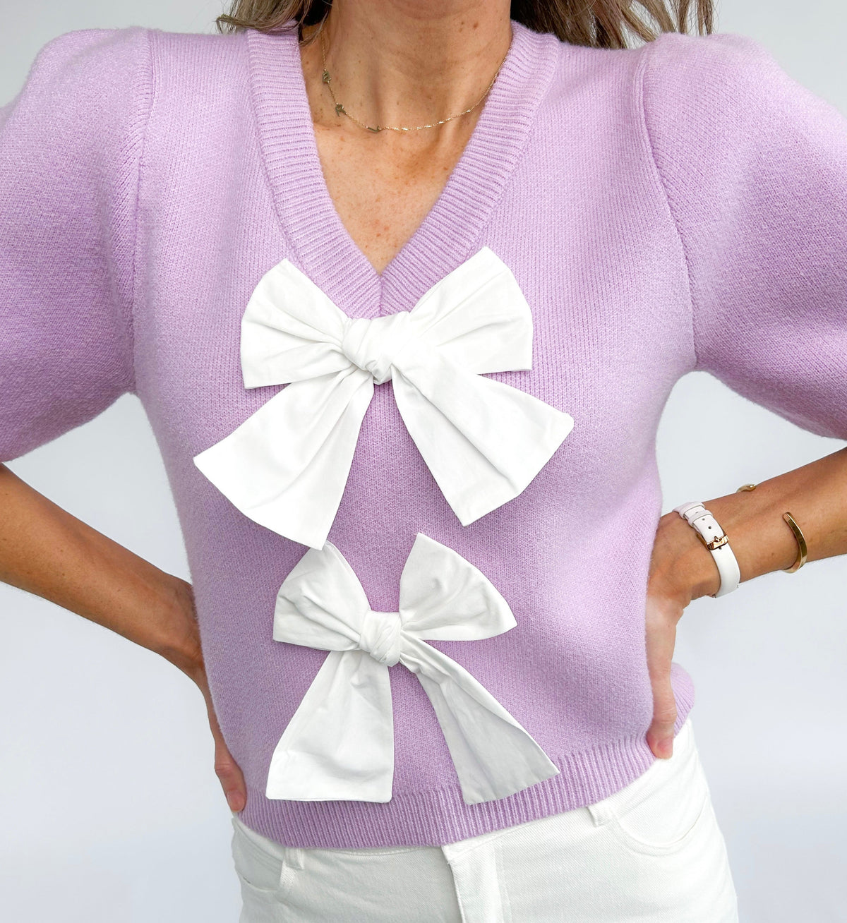 Emma Double Bow Short Sleeve Sweater