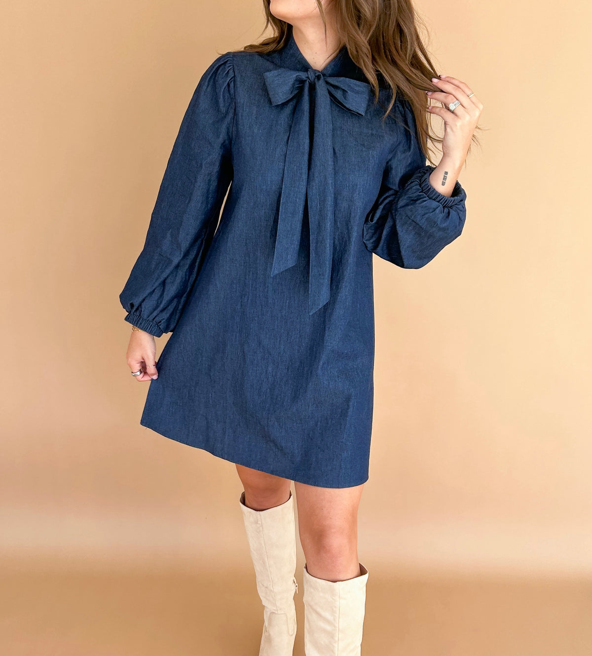 Bow Tie Chambray Mini Dress (Dark Denim)