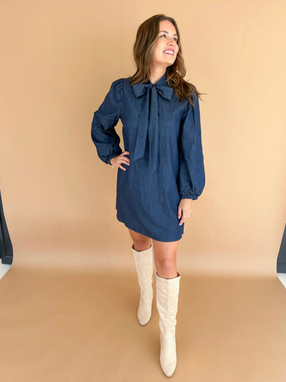 Bow Tie Chambray Mini Dress (Dark Denim)