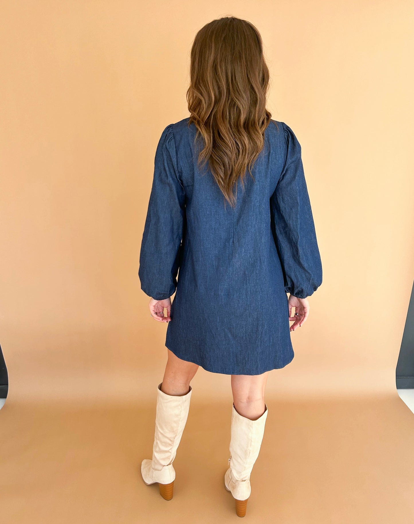 Bow Tie Chambray Mini Dress (Dark Denim)