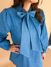 Bow Tie Chambray Mini Dress (Light Denim)