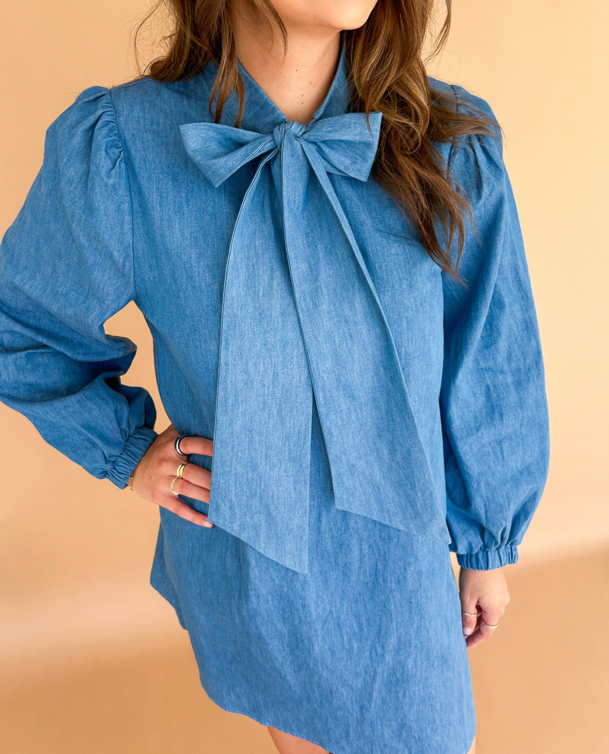 Bow Tie Chambray Mini Dress (Light Denim)