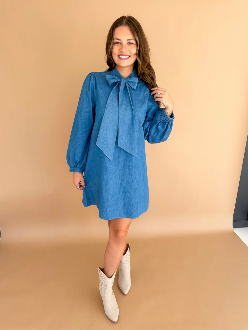 Bow Tie Chambray Mini Dress (Light Denim)