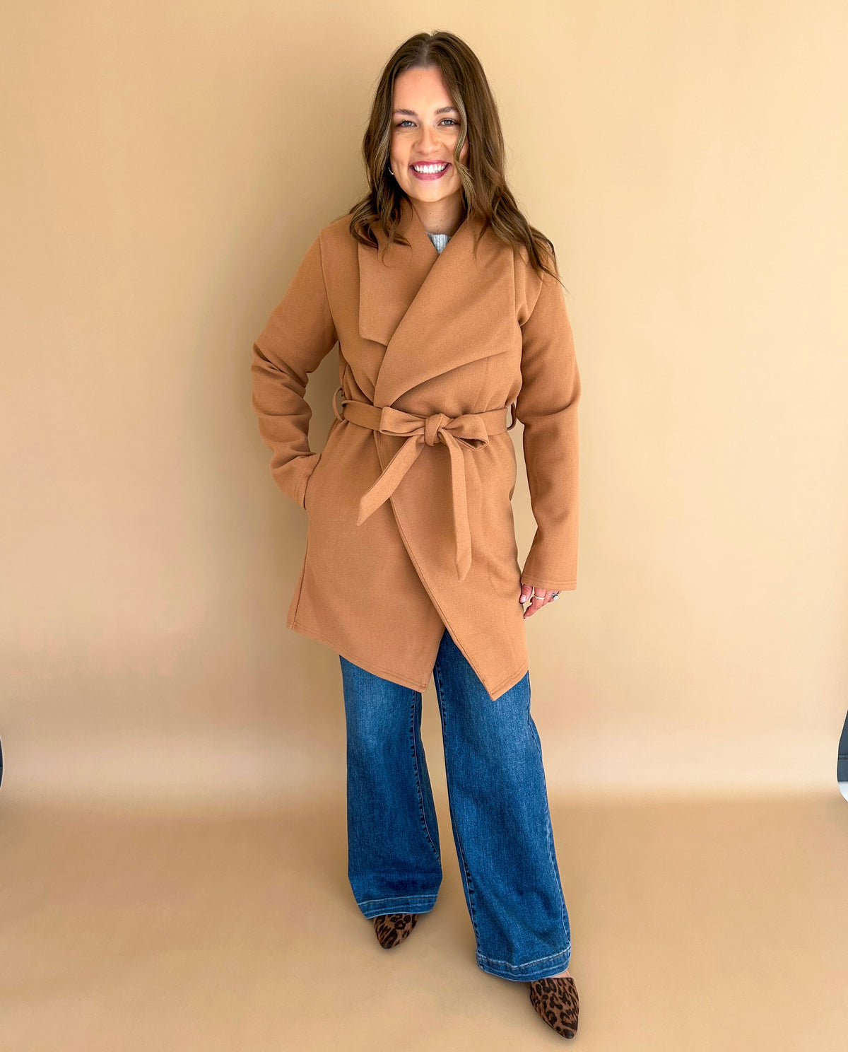 Vivi Open front Waist Tie Wrap Coat (Camel)