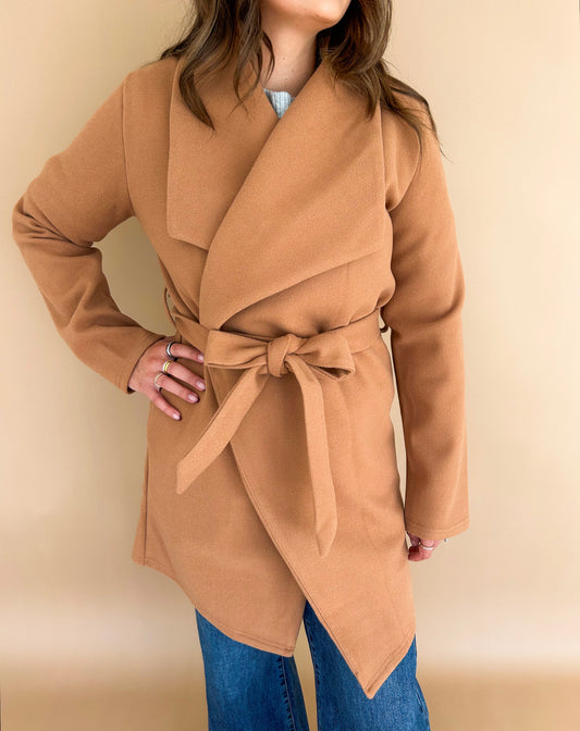 Vivi Open front Waist Tie Wrap Coat (Camel)